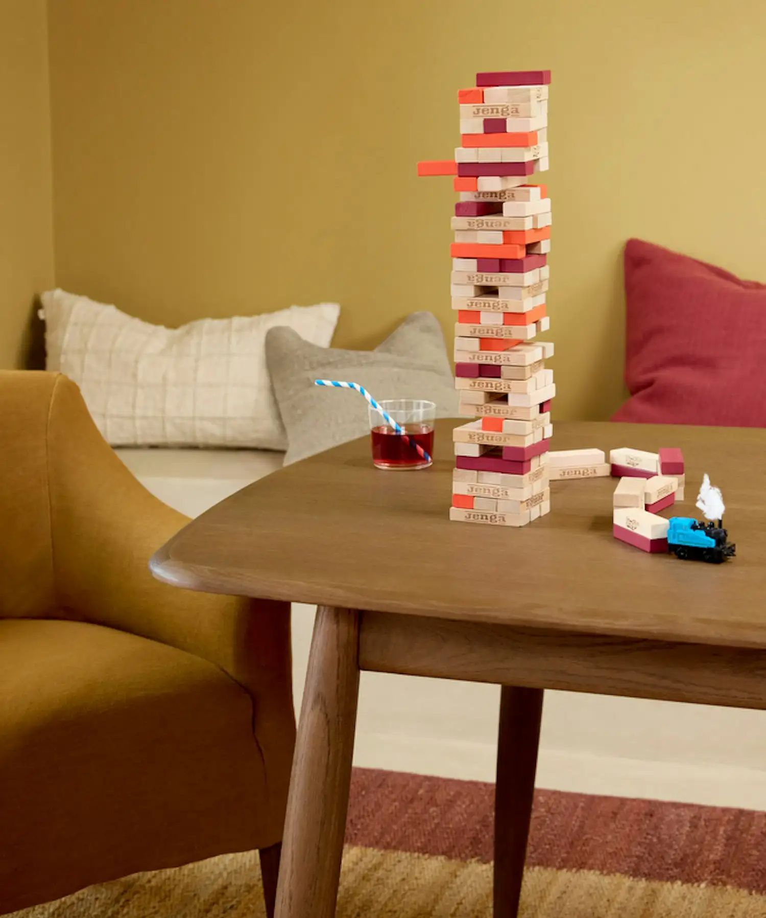 a wooden table in a living room