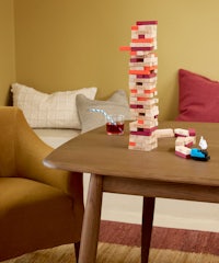 a wooden table in a living room